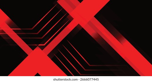 Abstract composition featuring overlapping red geometric shapes against a black background. Lines and angles create dynamic visual interest.