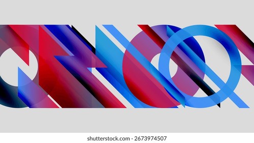 Abstract composition featuring overlapping shapes, vibrant reds, blues, purples. Modern design with dynamic visual impact. Smooth gradients create depth.