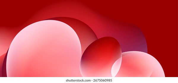 Abstract composition featuring overlapping spheres. Shades range from pale pink to deep red. Minimalist design, smooth gradients, modern aesthetic.