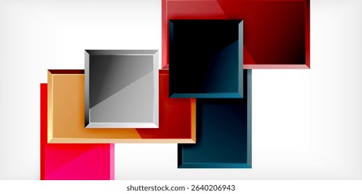 Abstract composition featuring overlapping squares. Colors include red, orange, pink, gray, black, teal. Minimalist design on white background.