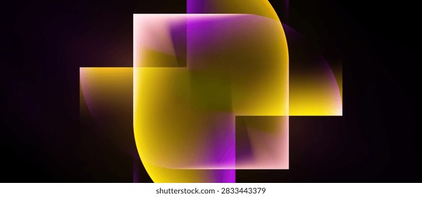 Abstract composition featuring overlapping squares, vibrant purple, gold hues. Dark background emphasizes luminosity, creating dynamic visual effect.