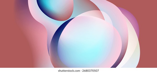 Abstract composition featuring overlapping translucent spheres. Soft gradients create flowing forms, blending pinks, blues, whites. Minimalist design.