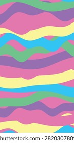 Abstract composition featuring overlapping wavy bands in pink, purple, yellow, green, blue and other colors creating a flowing pattern across the canvas.