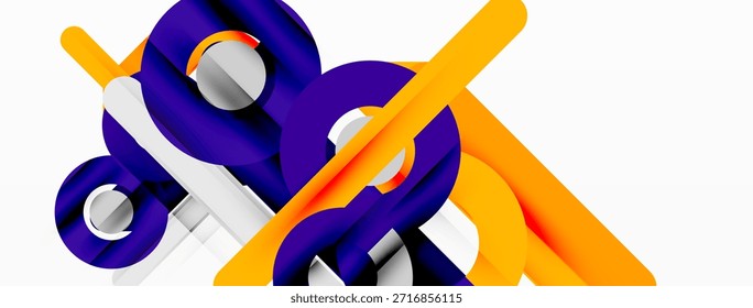 Abstrakte Komposition mit violetten, orangen, silbernen Formen. Minimalistisches Design mit sich kreuzenden Zylindern, Linien, Kugeln. Moderne Ästhetik.