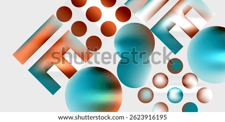 Abstract composition featuring spheres, cylinders, geometric shapes. Warm, cool colors blend, creating dynamic visual effect.