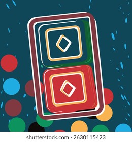 Abstract composition featuring stacked rounded squares with diamond shapes and colorful circles background