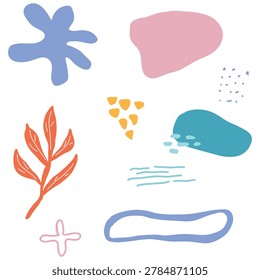Abstract composition featuring various colored blobs, organic plant-like branch, curved lines, and scattered small marks on a white background.