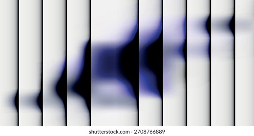 An abstract composition featuring vertical white bars separated by dark, amorphous shapes with a soft, blurred blue and purple glow.
