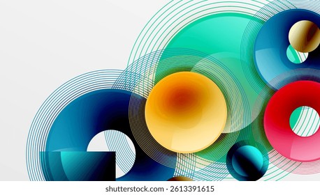 Abstract composition featuring vibrant circles, lines. Overlapping shapes create dynamic visual effect. Modern design with gradient colors, smooth transitions.