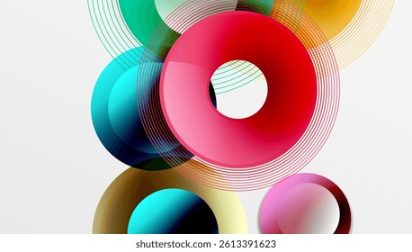 Abstract composition featuring vibrant circles, lines, gradients. Modern design with overlapping shapes creates dynamic visual experience. Bright colors dominate neutral background.