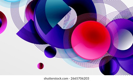 Composição abstrata com círculos vibrantes, curvas, linhas. Interação dinâmica de tons roxos, azuis e vermelhos cria uma estética moderna.