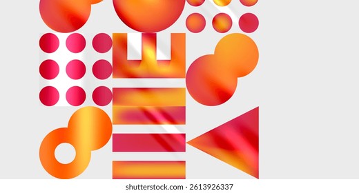 Abstract composition featuring vibrant orange, red shapes. Circles, rectangles, triangles overlap on light gray background. Modern design, dynamic visual elements present.