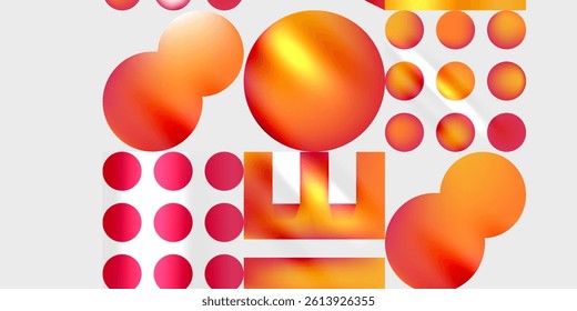 Abstract composition featuring vibrant orange, red spheres, geometric shapes. Minimalist design with gradients, smooth transitions, clean aesthetic. Modern digital art.