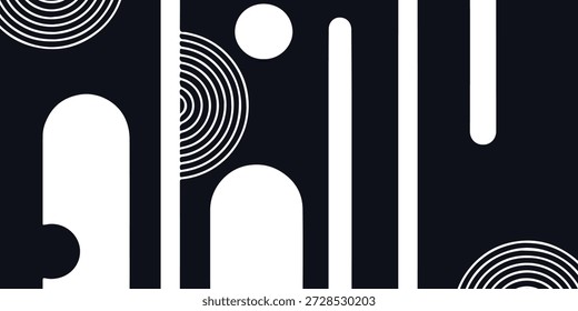 Composición abstracta con arcos blancos, círculos y líneas sobre un fondo marino profundo. Moderno y versátil para branding, tecnología, 