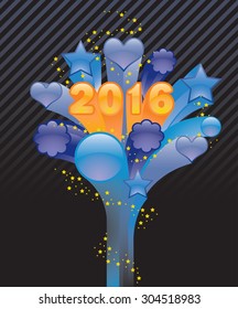 Abstract composition with fireworks on dark background celebrating upcoming 2016 year.