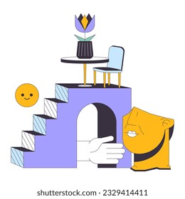 Abstract composition flat line color isolated vector objects. Table and chair on stairs. Editable clip art image on white background. Simple outline cartoon spot illustration for web design