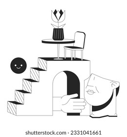 Abstract composition flat monochrome isolated vector object. Table and chair on stairs.Editable black and white line art drawing. Simple outline spot illustration for web graphic design