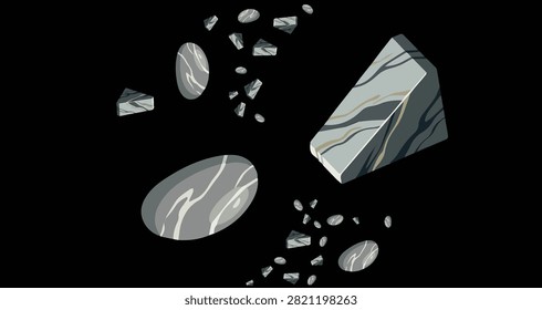 abstract composition of floating polished gray stones with white stripes scattered in black space