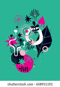 Abstract composition with floral hand drawn elements. Useful for prints, posters, invitations and advertising.