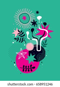 Abstract composition with floral hand drawn elements. Useful for prints, posters, invitations and advertising.