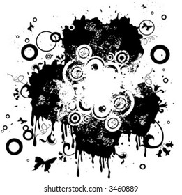 abstract composition with flowers, butterflies and circles