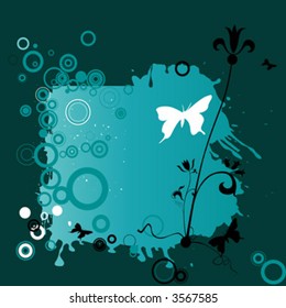 abstract composition with flowers, butterflies and circles