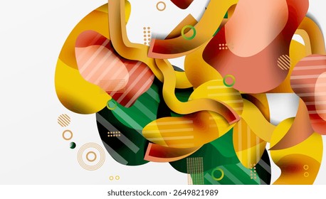 Abstract composition. Fluid shapes overlap, creating dynamic visual experience. Warm, cool colors blend seamlessly. Modern design elements present.