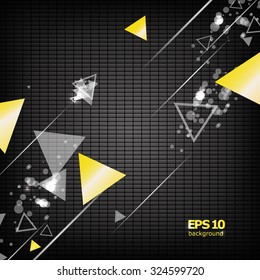 Abstract composition, flying gemetric shape, triangle figure group, line, dark chequered font, screen saver, business card surface backdrop, light flash, logo construction,  EPS 10 vector illustration