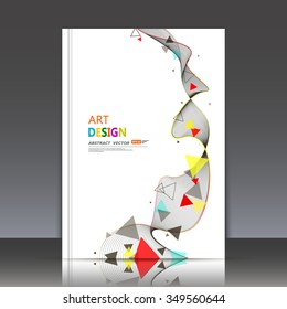 Abstract composition, flying triangle curve line icon, red, yellow, blue figure construction, white backdrop, interlocking band weave, a4 brochure title sheet, technological surface EPS10 illustration