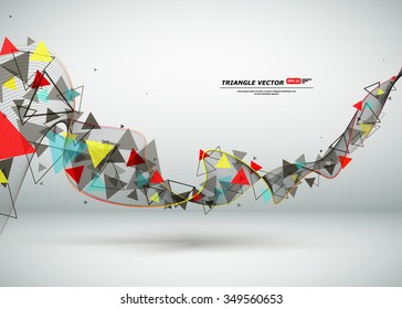 Abstract composition, flying triangle curve line icon, red, yellow, blue figure construction, white backdrop, interlocking band weave, startup screen saver, technological surface, EPS10 illustration