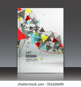 Abstract composition, flying triangle curve line icon, red, yellow, blue figure construction, white backdrop, ribbon band weave, a4 brochure title sheet, technological tape surface, EPS10 illustration