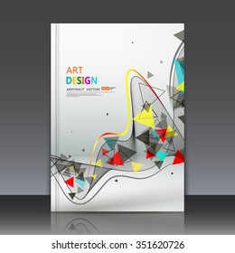 Abstract composition, flying triangle curve line icon, red, yellow, blue figure construction, white backdrop, ribbon band weave, a4 brochure title sheet, technological tape surface, EPS10 illustration