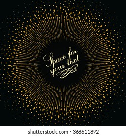Abstract composition in the form of an explosion of fireworks against a dark background. Empty space for your text. Stripes and dots of varying thickness, arranged in a circle.