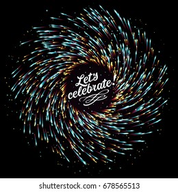 Abstract composition in the form of explosion of fireworks on a dark background. Empty place for text. Multicolored lights and flicker of particles. Glow effect. Holidays and congratulations. Vector.