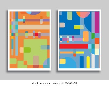 Abstract composition geometric backgrounds, cards set, artistic patterns. Colorful design for wallpaper, flyer, brochure cover. Colored geometric shapes, figures. Multicolored modern art