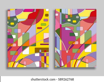 Abstrakte Komposition geometrische Hintergründe, Kartenset, künstlerische Muster. Farbiges Design für Tapete, Flyer, Broschüre. Farbige geometrische Formen, Figuren. mehrfarbige moderne Kunst