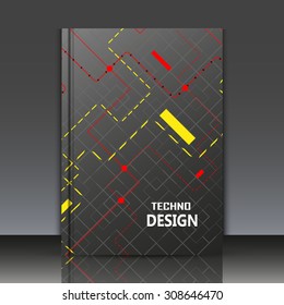 Abstract composition, geometric pattern, cables and wires, microcircuit, brochure title sheet, technological background, computer chip, electronic engineering caption, EPS 10 vector illustration