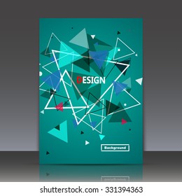 Abstract composition, geometric shapes icon, turquoise triangle ornament, a4 brochure title sheet, logo construction backdrop, business card texture surface, fashionable fiber texture, EPS10 vector