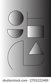 Abstrakte Zusammensetzung von geometrischen Formen, einschließlich eines Ovals, Halbkreises, Rechtecks, Dreiecks und Bogens, in Graustufen mit weichen Farbverläufen gerendert.