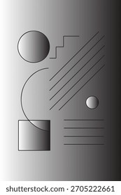 Abstract composition of geometric shapes and lines in grayscale, creating a minimalist and modern design with subtle gradients and shadows.