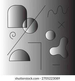Abstract composition of geometric shapes and lines with a gradient background, showcasing a blend of organic and rigid forms in grayscale.