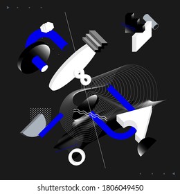 Abstract composition of geometric shapes on black background. Isometric vector elements