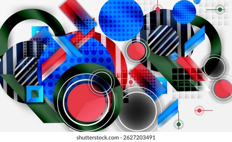 Abstract composition. Geometric shapes overlap, creating dynamic visual texture. Red, blue, black dominate design.