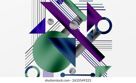 Abstract composition. Geometric shapes overlap, creating dynamic visual effect. Purple, green, gray dominate design. Lines add texture.