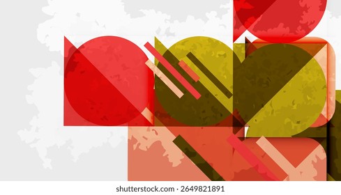 Abstract composition. Geometric shapes overlap, creating textured visual effect. Red, gold, white dominate design. Modern art style.