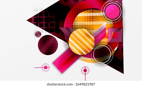 Composição abstrata. As formas geométricas se sobrepõem, criando um efeito visual dinâmico. As cores quentes dominam, com áreas escuras contrastantes. Design moderno.