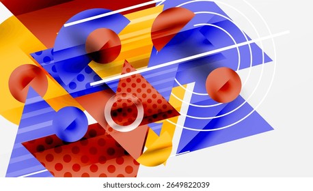 Abstract composition. Geometric shapes overlap, creating dynamic visual experience. Bold colors dominate, offering modern aesthetic.