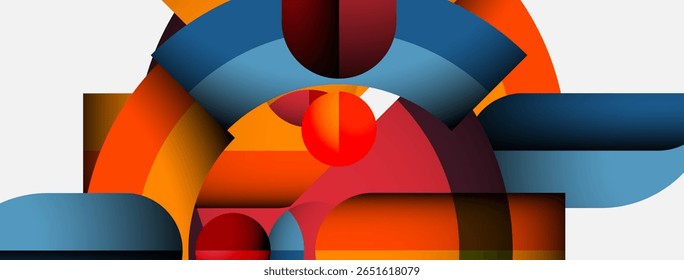 Abstract composition. Geometric shapes overlap, creating vibrant color contrasts. Red, orange, blue dominate design. Modern aesthetic.