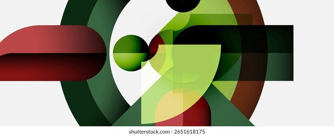 Abstract composition. Geometric shapes overlap, creating dynamic visual effect. Colors include green, red, brown, white. Modern design.
