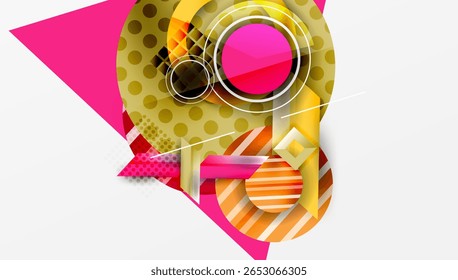 Abstract composition. Geometric shapes overlap, creating dynamic visual effect. Pink, gold, orange hues dominate design. Modern, vibrant.